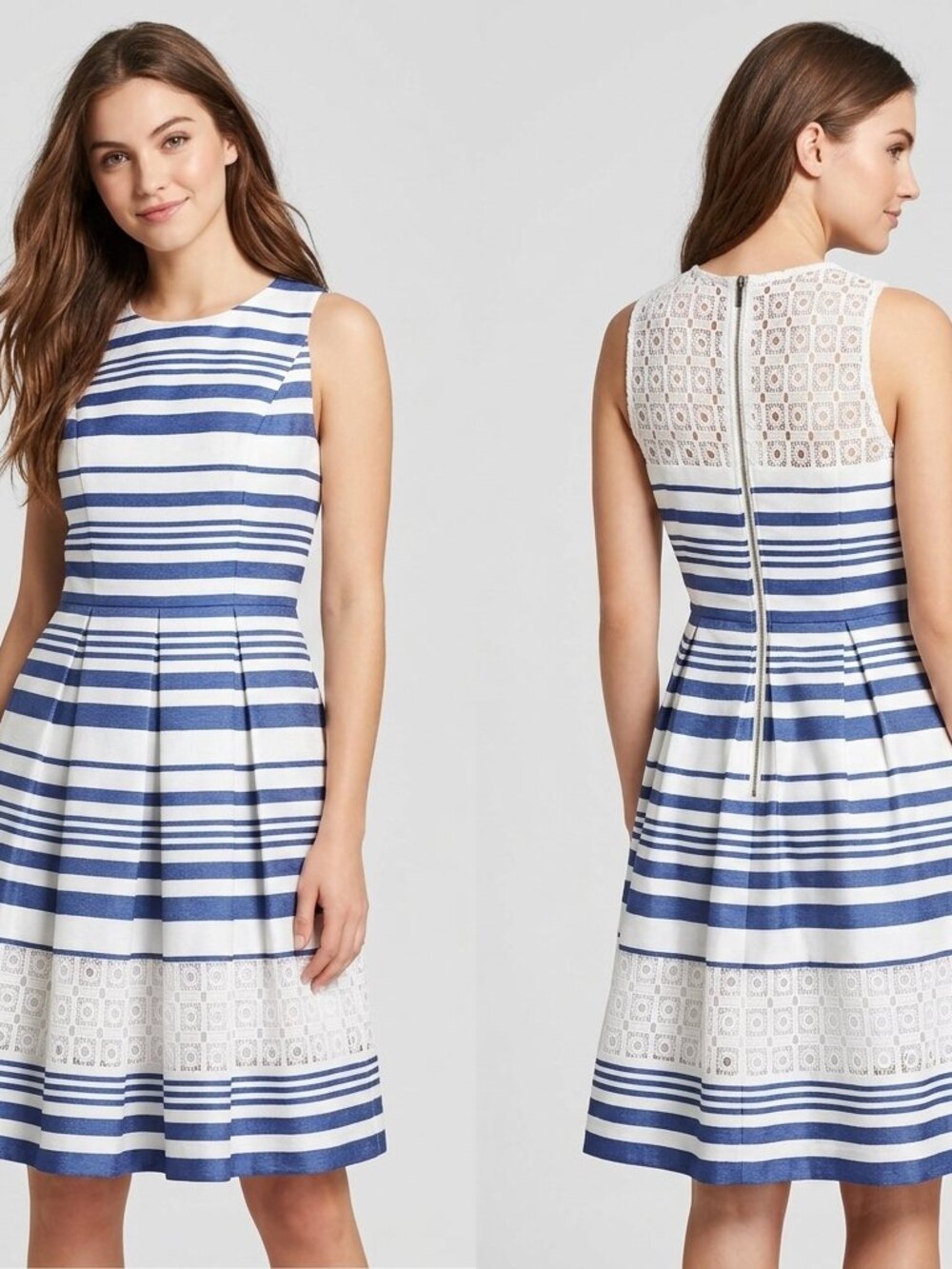 Vince Camuto Fit & Flare Dress Size 0 Blue White Striped Eyelet Lace Trim Lined